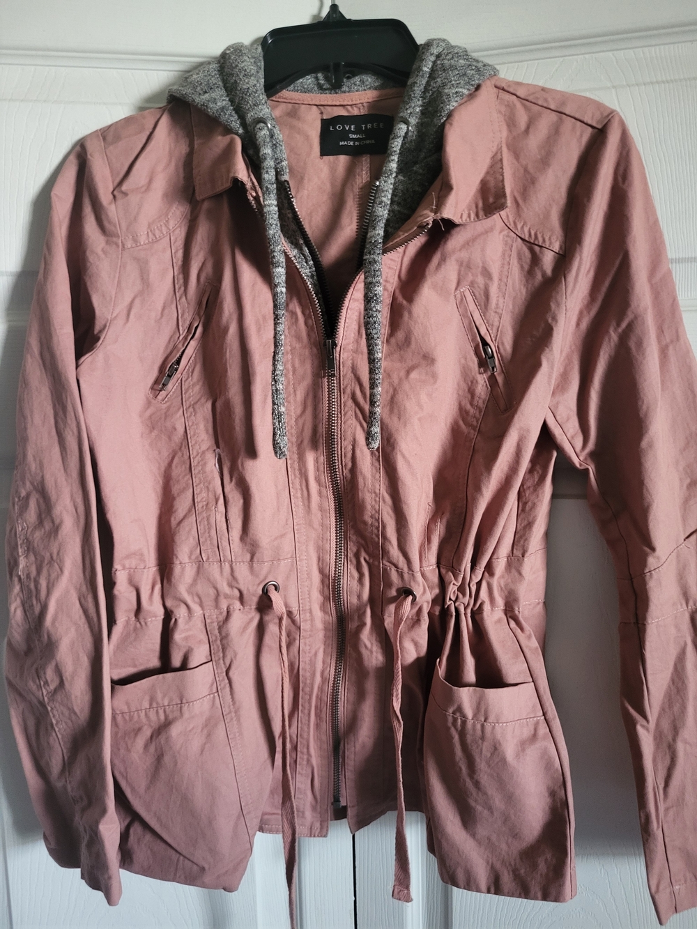 Love Tree Rose Pink Hooded Utility Jacket with Gray Hood
